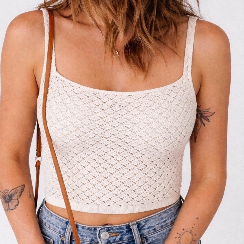 Lucy Paris Cream Crochet Knit Camisole Top Pointelle Crop Tank Small NWT